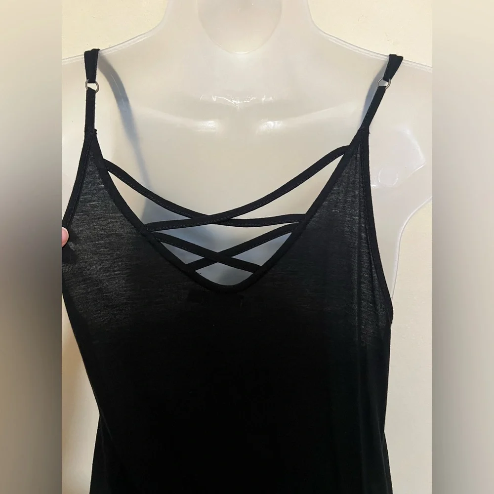 Earthbound M Gold Bead Elastic Waist Black Sleeveless Dress Strappy Back Women